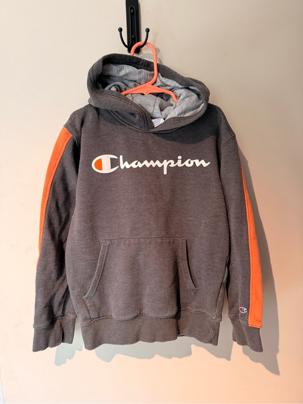 Champion Dark Gray Hoodie with Orange Sleeve Stripes